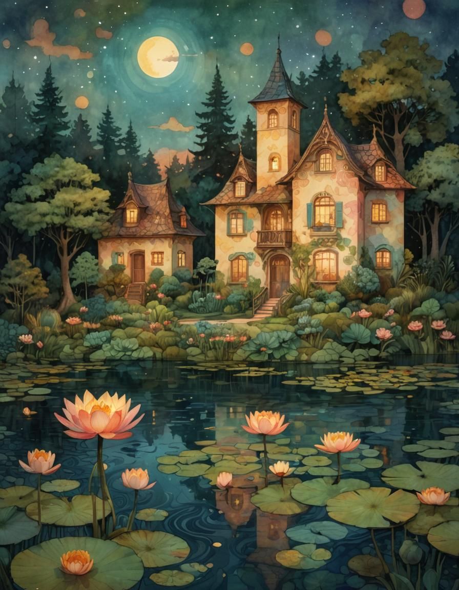 Whimsical Cottage on Lake with Water Lilies
