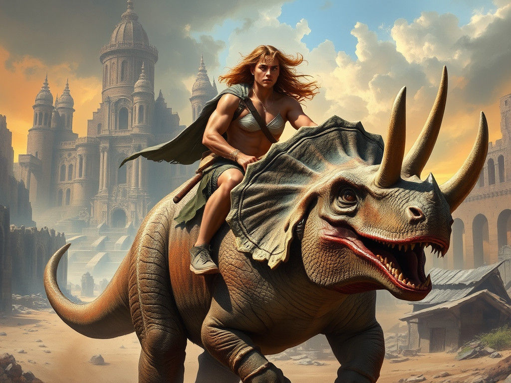 Surreal Warrior and Maiden Ride Triceratops into Ruined City...