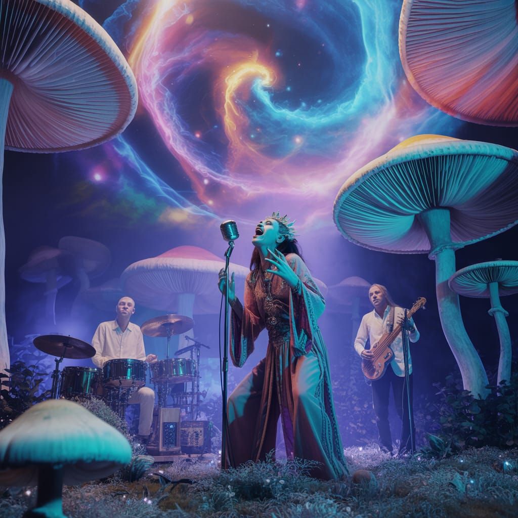 Psychedelic Rock Concert in a Mushroom Forest