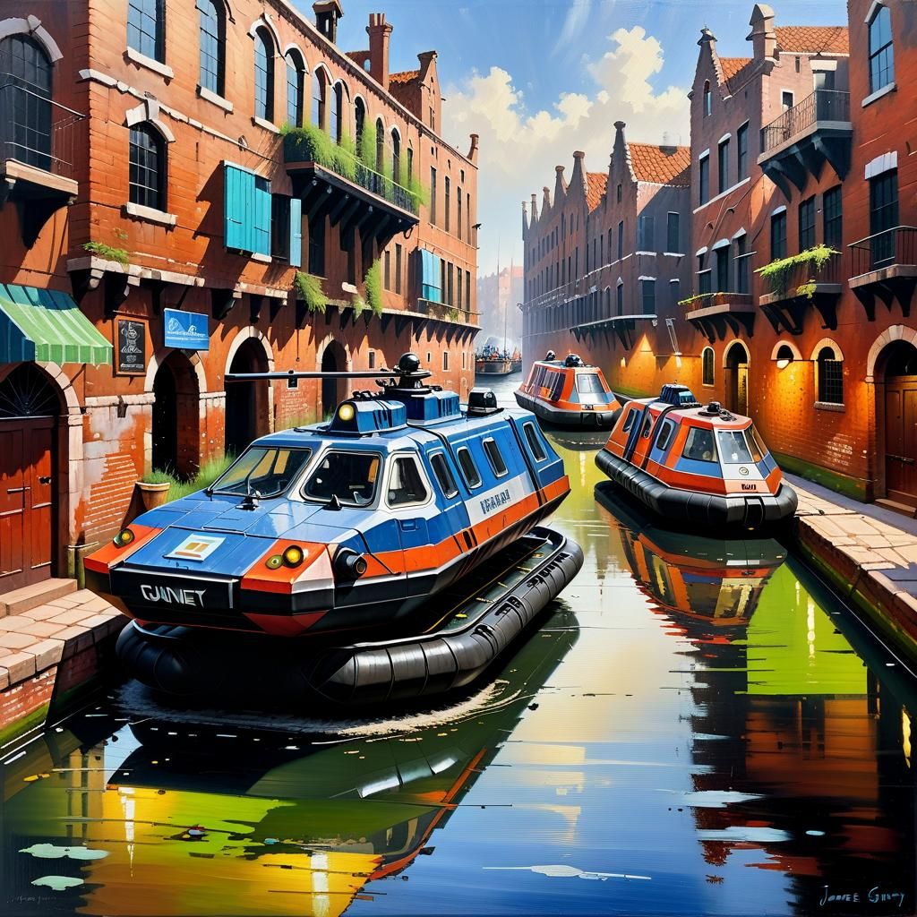 Hovercraft Glides Through Old City: Oil Painting