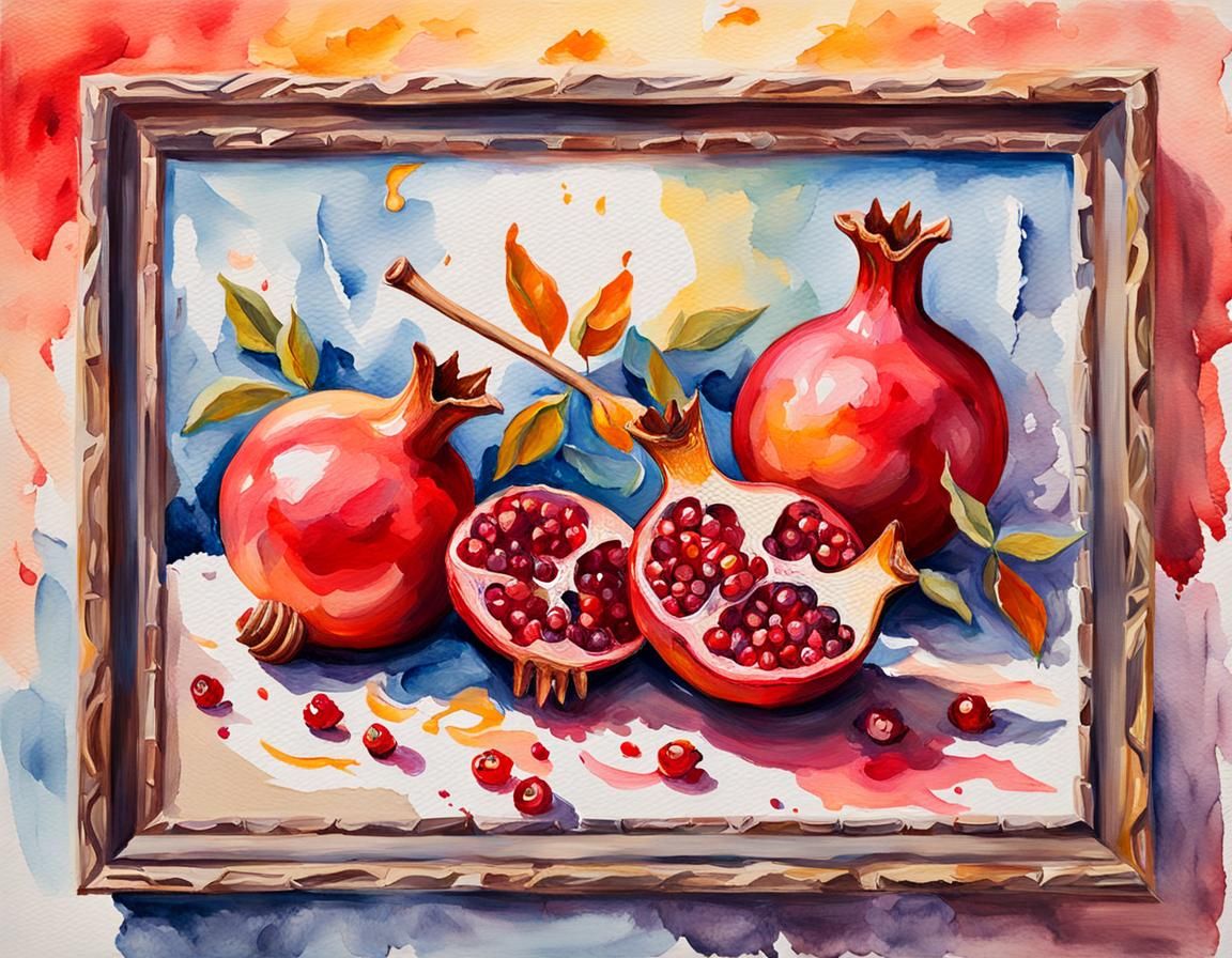 Pomegranates and Honey: Gouache-Style Postcard