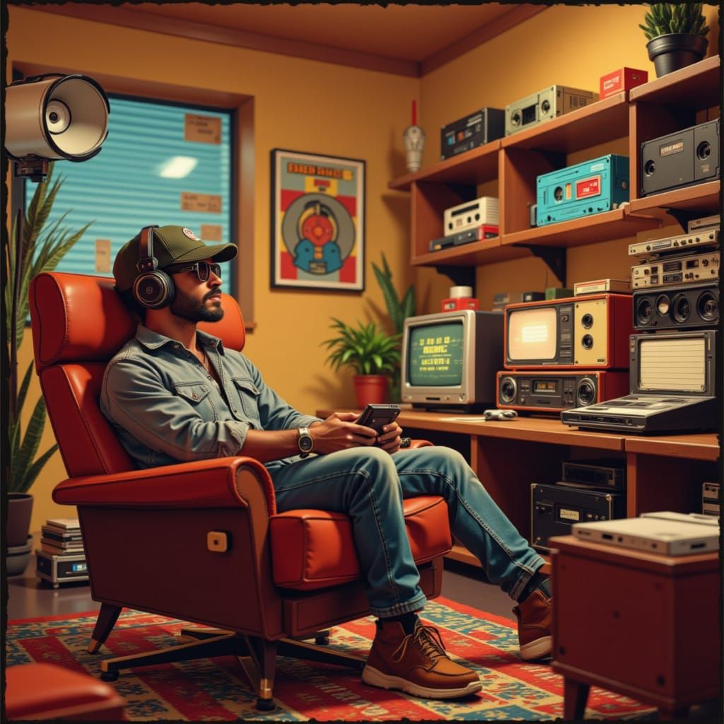 Retro Tech Mancave: Man Relaxing with Vintage TV & Tape Deck...