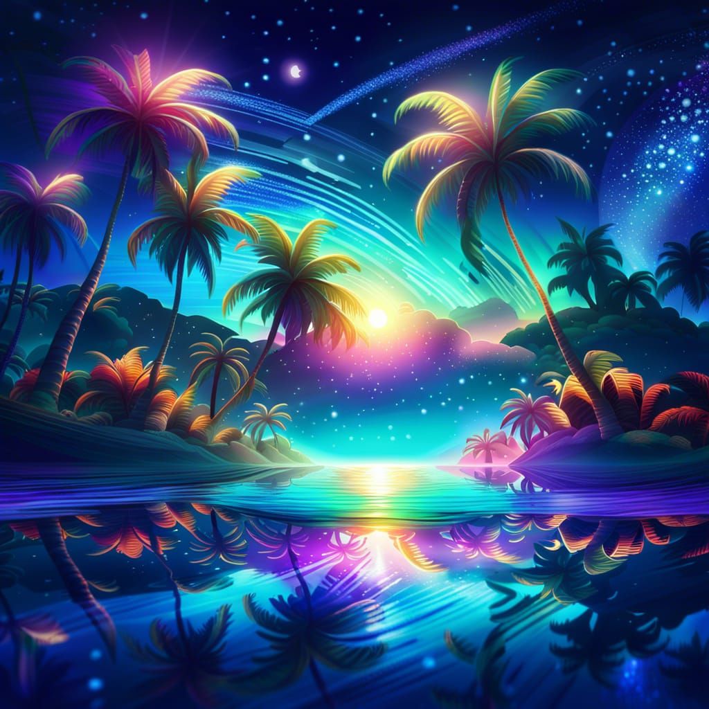 Tropical Paradise at Night: Fantasy Concept Art