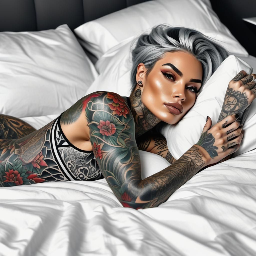beautifully tattooed fit woman laying in bed detailed beauti...