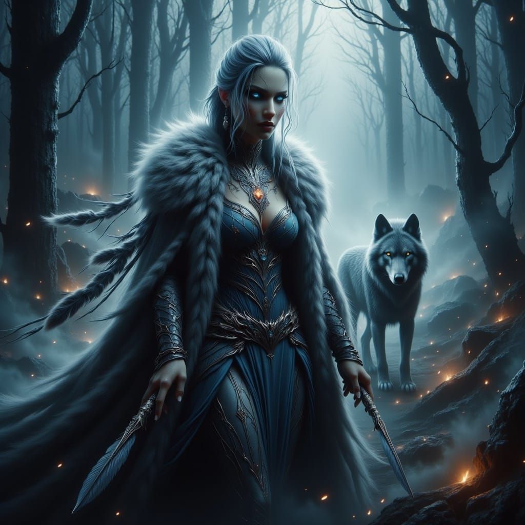 Ethereal Shieldmaiden Guiding a Wolf through Misty Forest