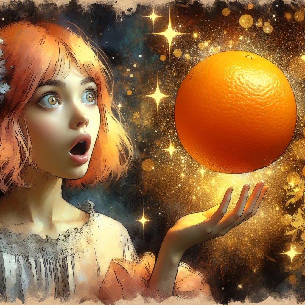 Girl Shocked by Oversized Orange: Dreamy Watercolor