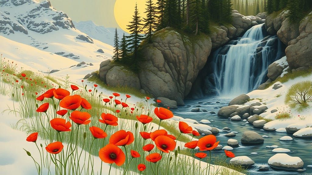 Vibrant Poppies Thrive in Serene Snowy Meadow
