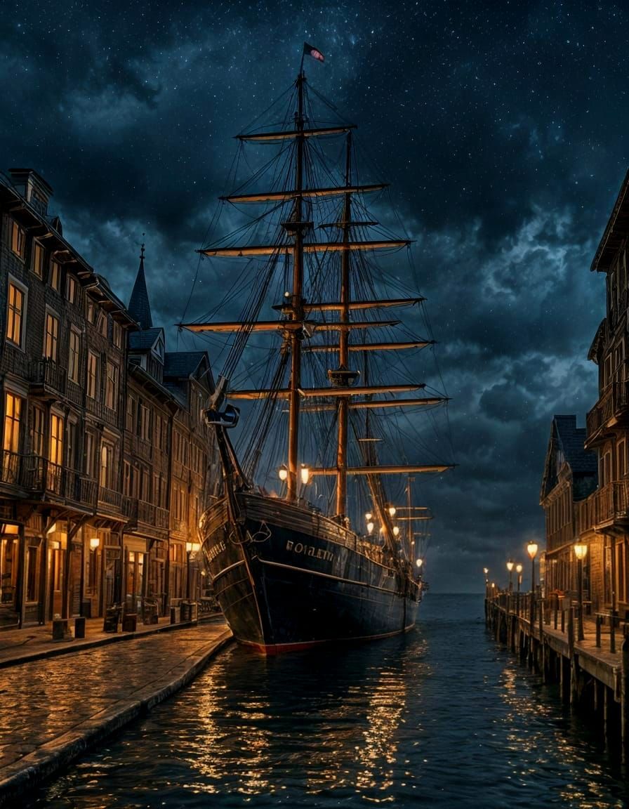 Vintage Port Town with Sailing Ship in Hyperrealism
