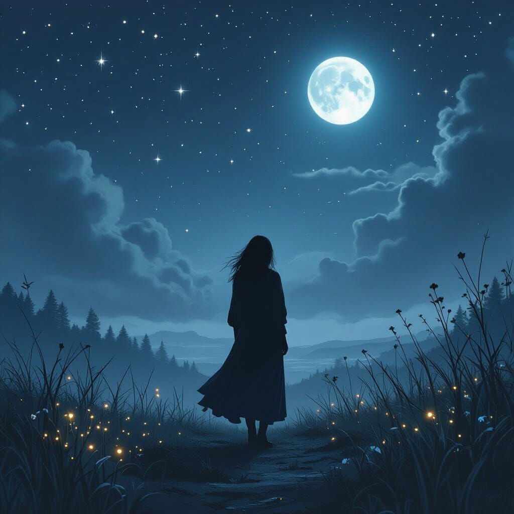 Mystical Woman in Nocturnal Landscape