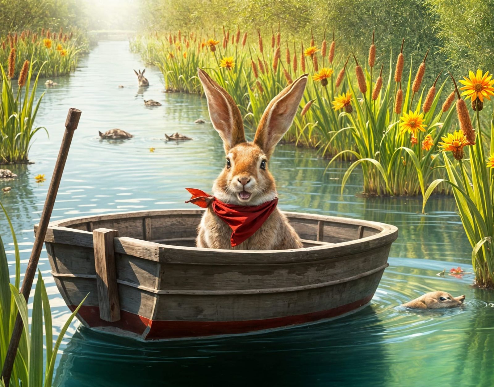 Smiling Rabbit in Rowboat on Babbling Stream