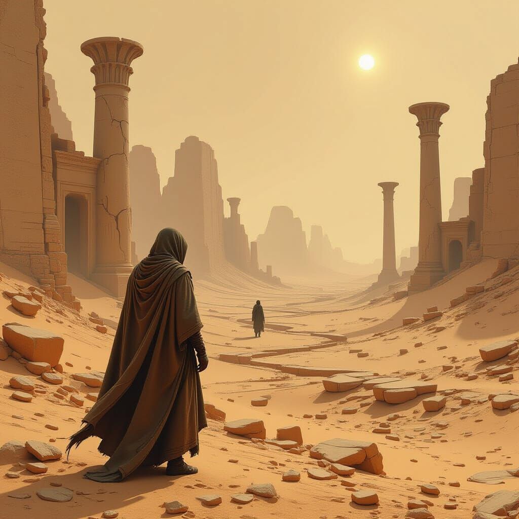 Dystopian Wanderer in Ruined Desert City