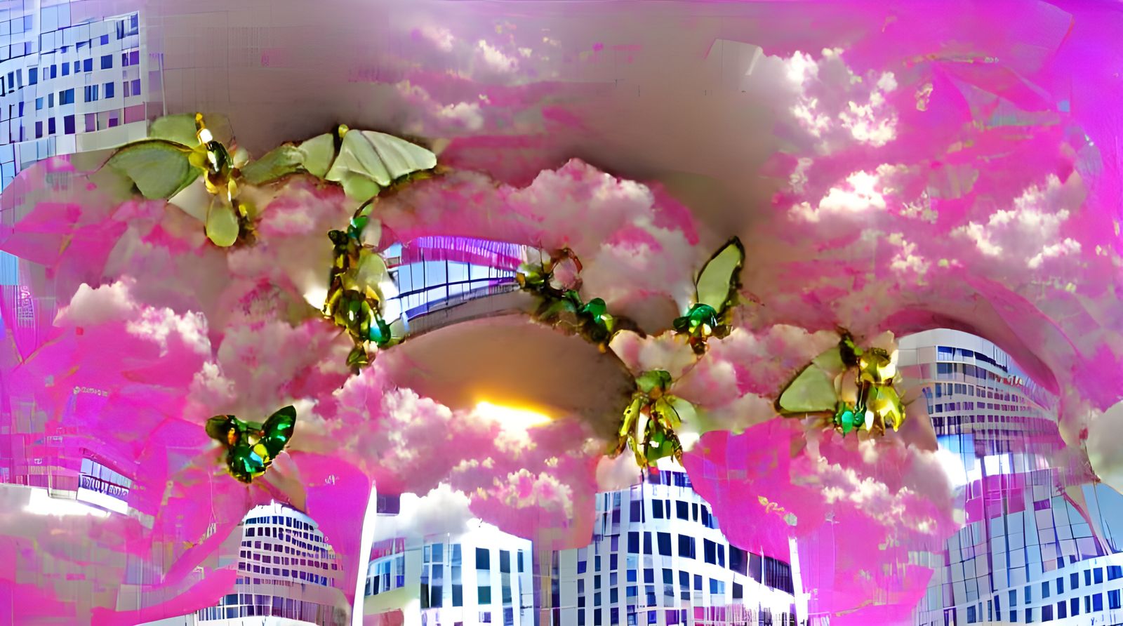 Crystal City in Clouds with Iridescent Angels