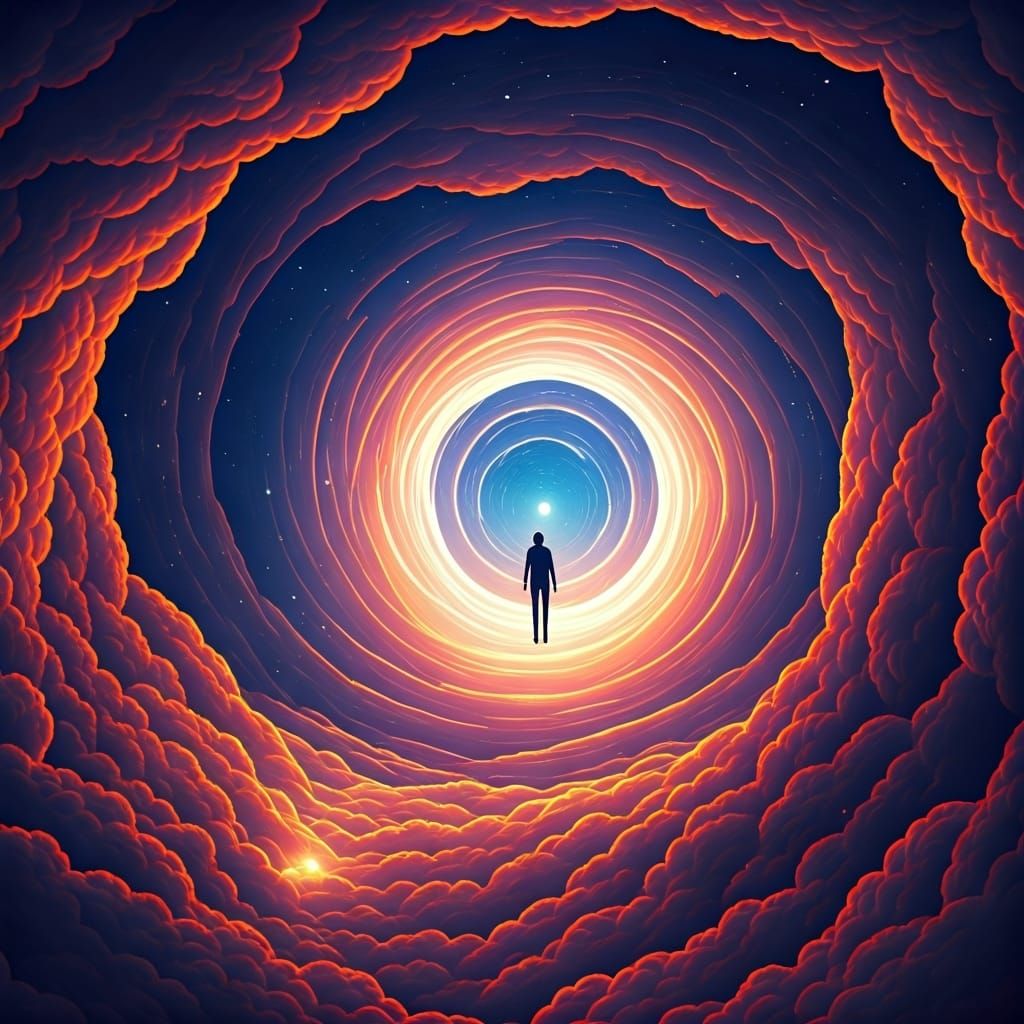 Cosmic Traveler Enters Wormhole in Surreal Style
