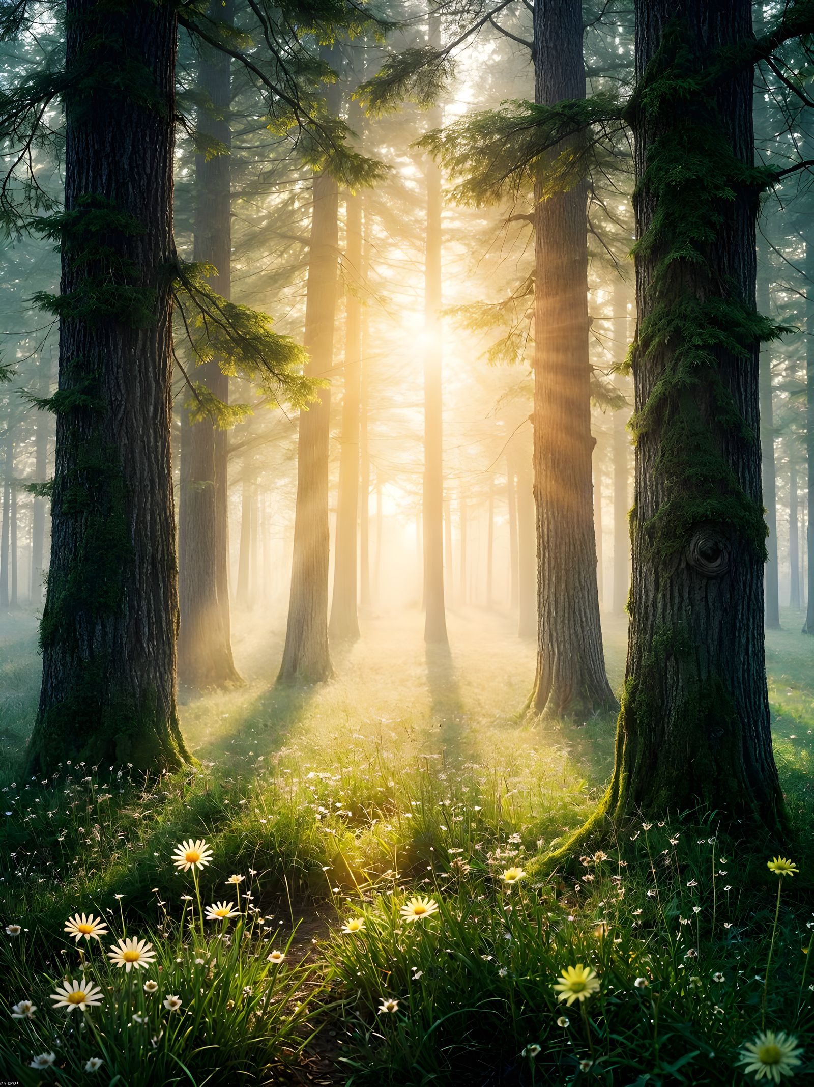 Misty Forest Sunrise with Light Rays and Dewdrops