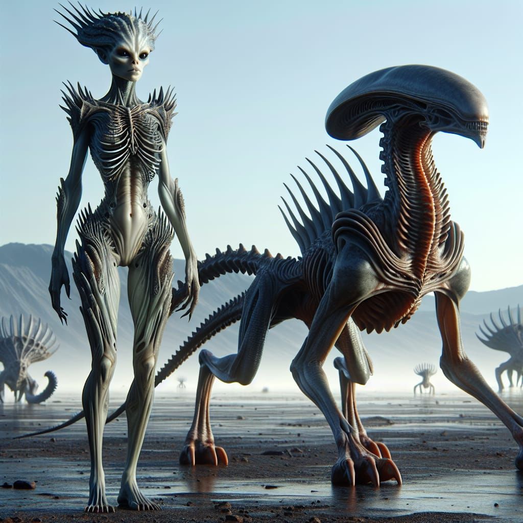an alien female with spikes and an ecto skeleton, her large ...