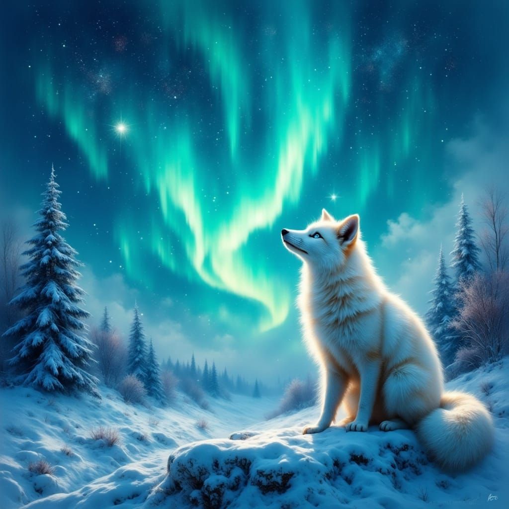 Arctic Fox Gazes Upwards at Swirling Northern Lights in a Fa...