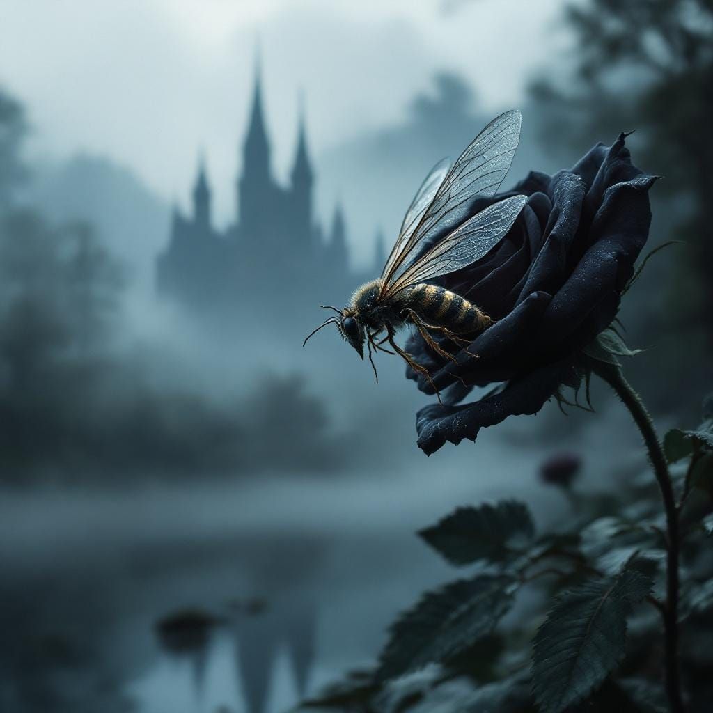 Misty Bee on Rose in Eerie Forest Landscape