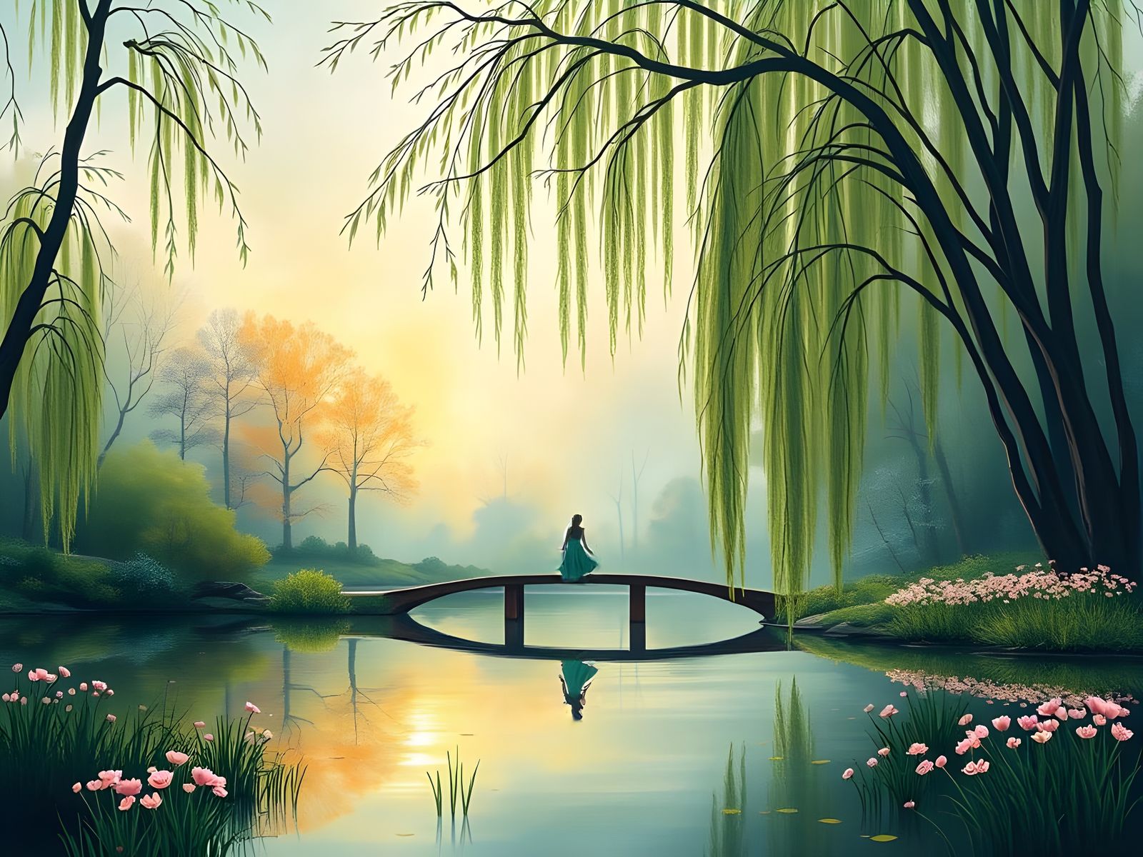 Blooming Forest Lake in Vibrant Complementary Colors