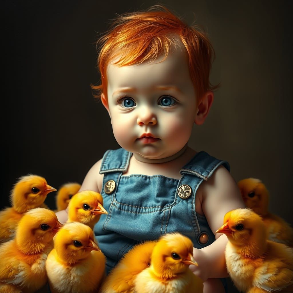 Vintage-Style Oil Painting of Red-Headed Baby with Chicks in...