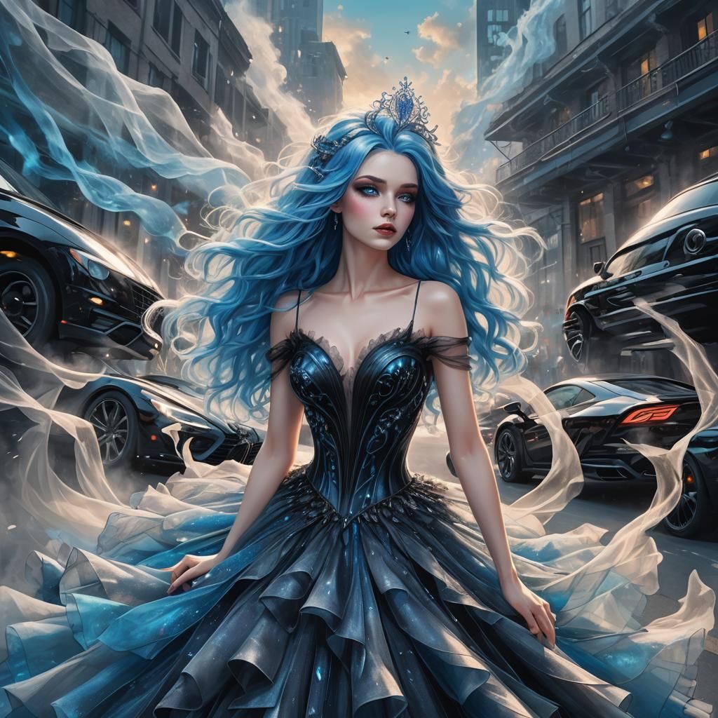 Futuristic Siren in Tulle Dress with Sports Cars