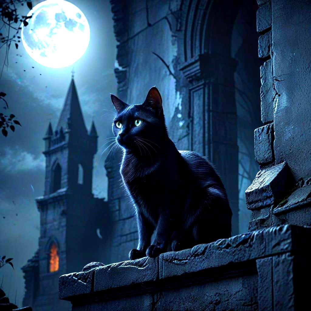 Black Cat on Ruin Walls in Noir Style