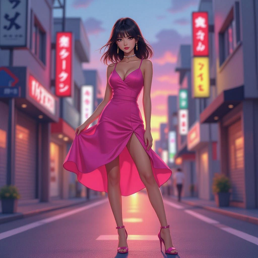 Anime Girl Posing in Tokyo Sunset, in Anime Style