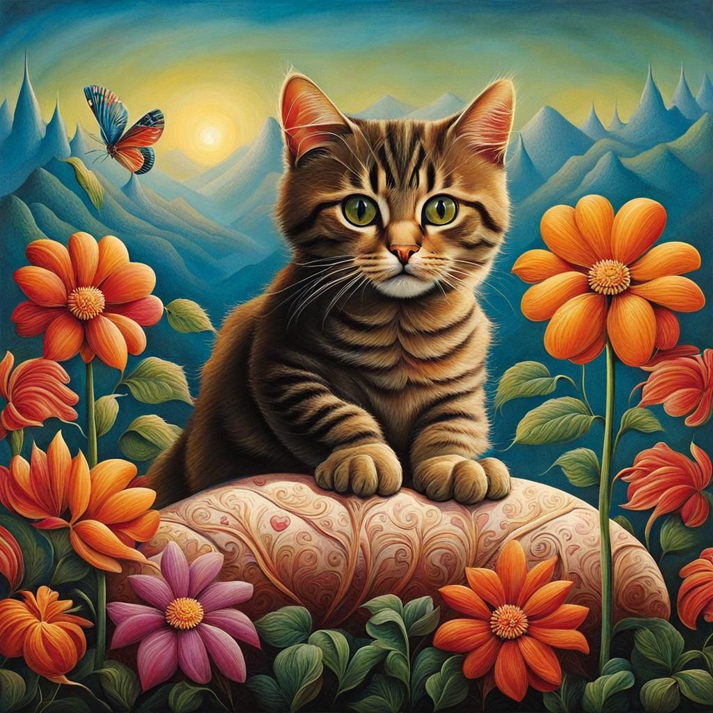 Cat on Pillow Surrounded by Flowers, Allegorical Realism