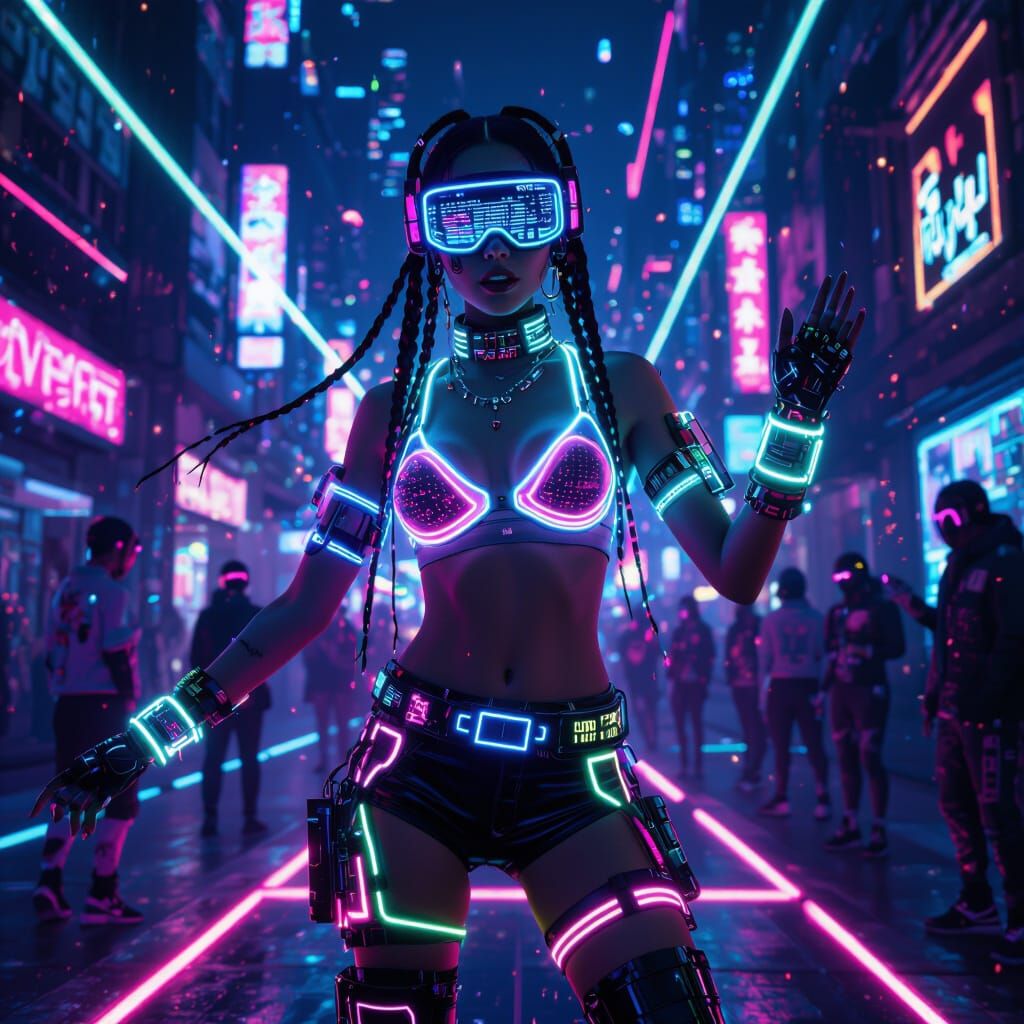 Cyberpunk Rave Girl Dancing Under Neon Lights