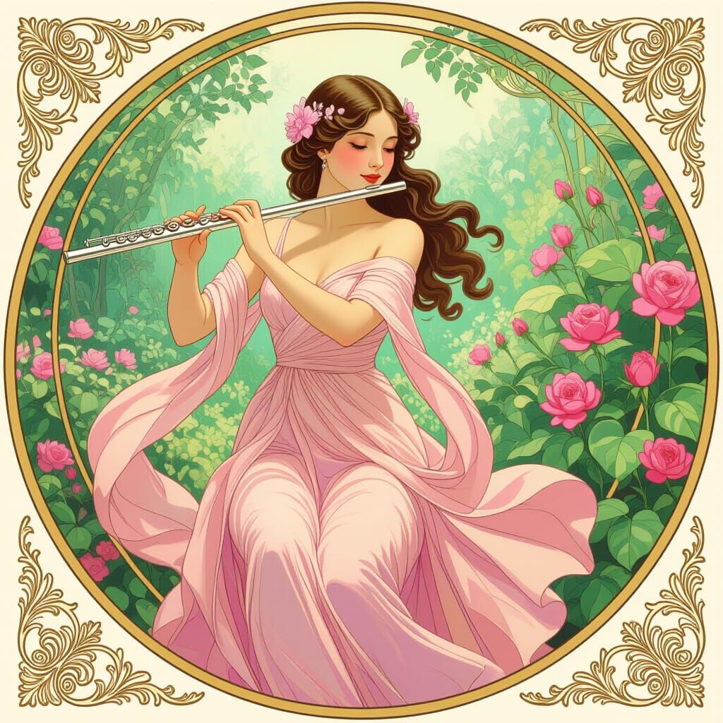 Elegant Flutist in a Dreamy Garden, Art Nouveau Style