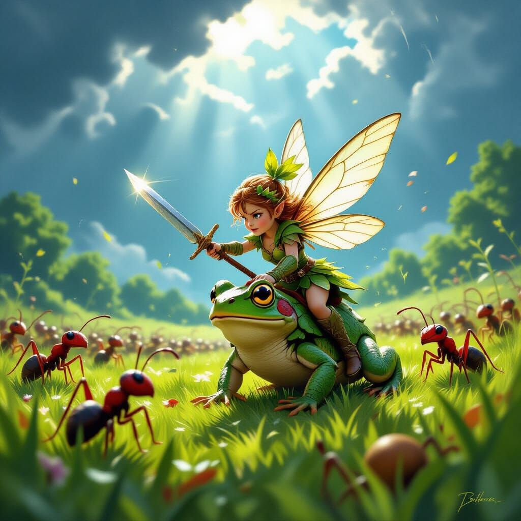 Fairy Warrior Rides Frog Against Ant Army in Meadow