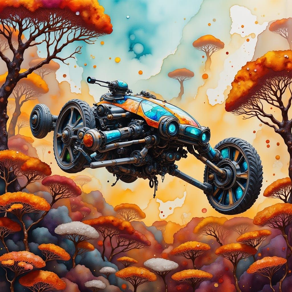 Cyberpunk Drone Landing on Mars with Glowing Flowers