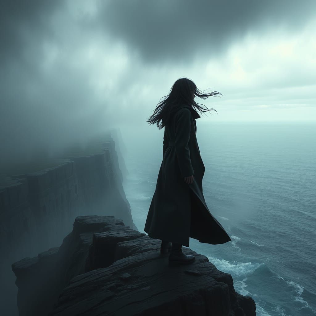 Figure Overlooking Tempestuous Sea: Detailed Matte Painting