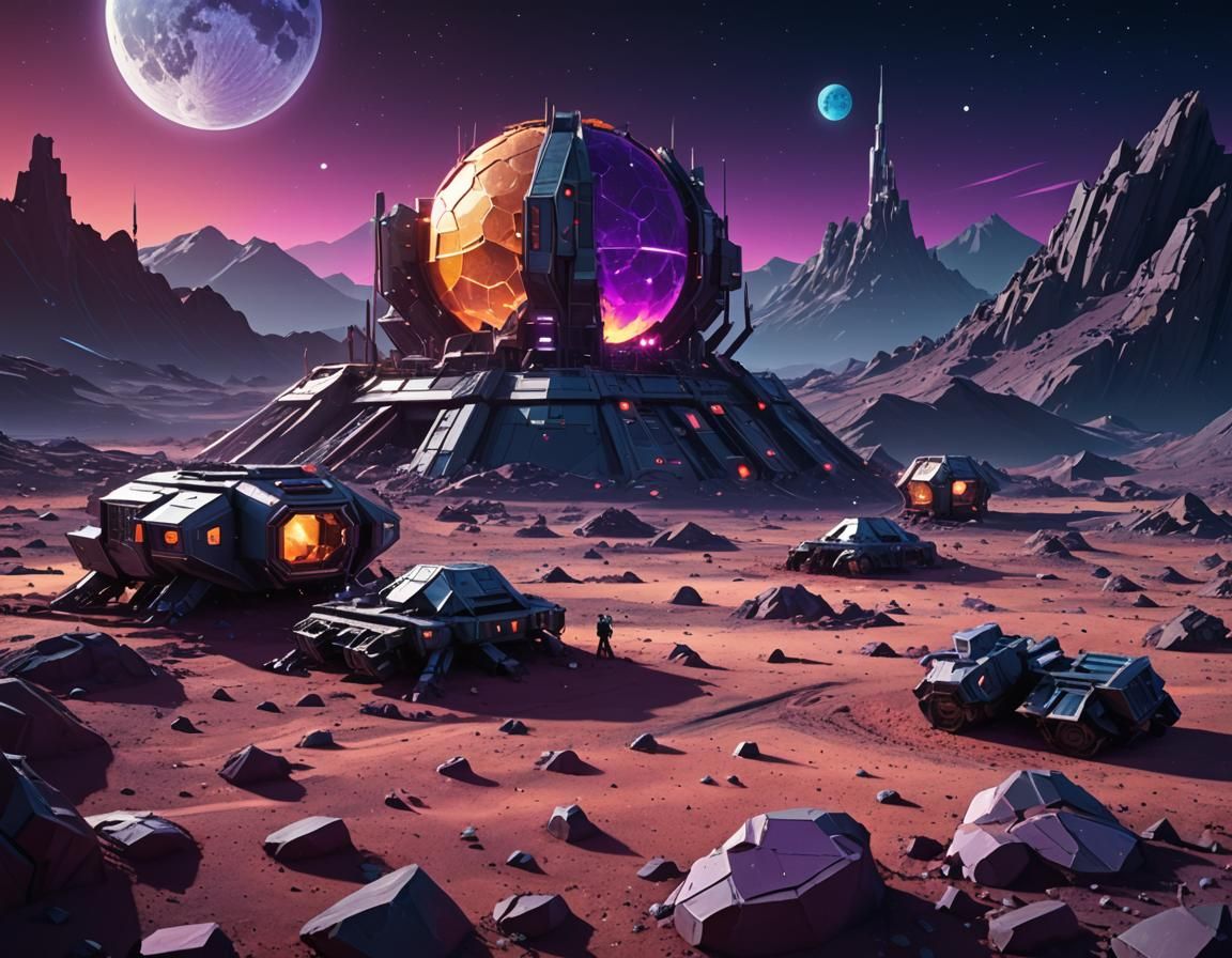 Lunar Outpost on Runaway Moon in Low-Poly Art