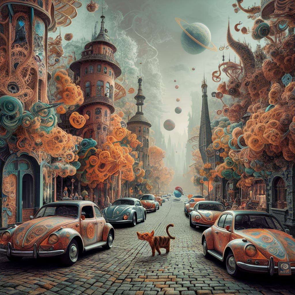 Vibrant Surreal Cityscape with Abstract Fractal Elements