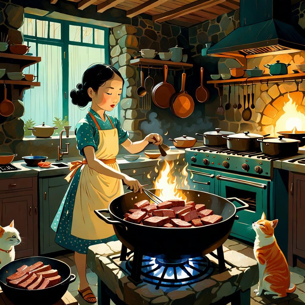 Girl Cooking for Cats in Victo Ngai Style
