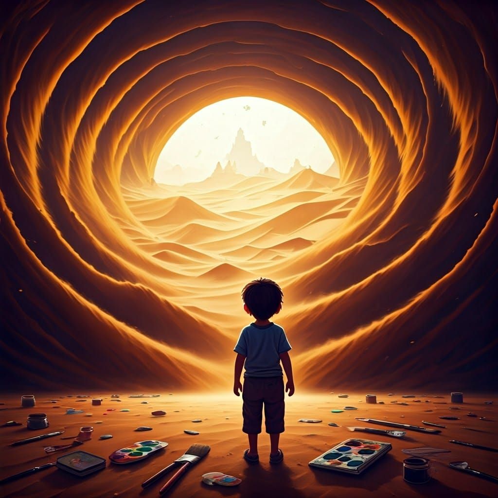 Child in Awe of Mystical Desert Landscape