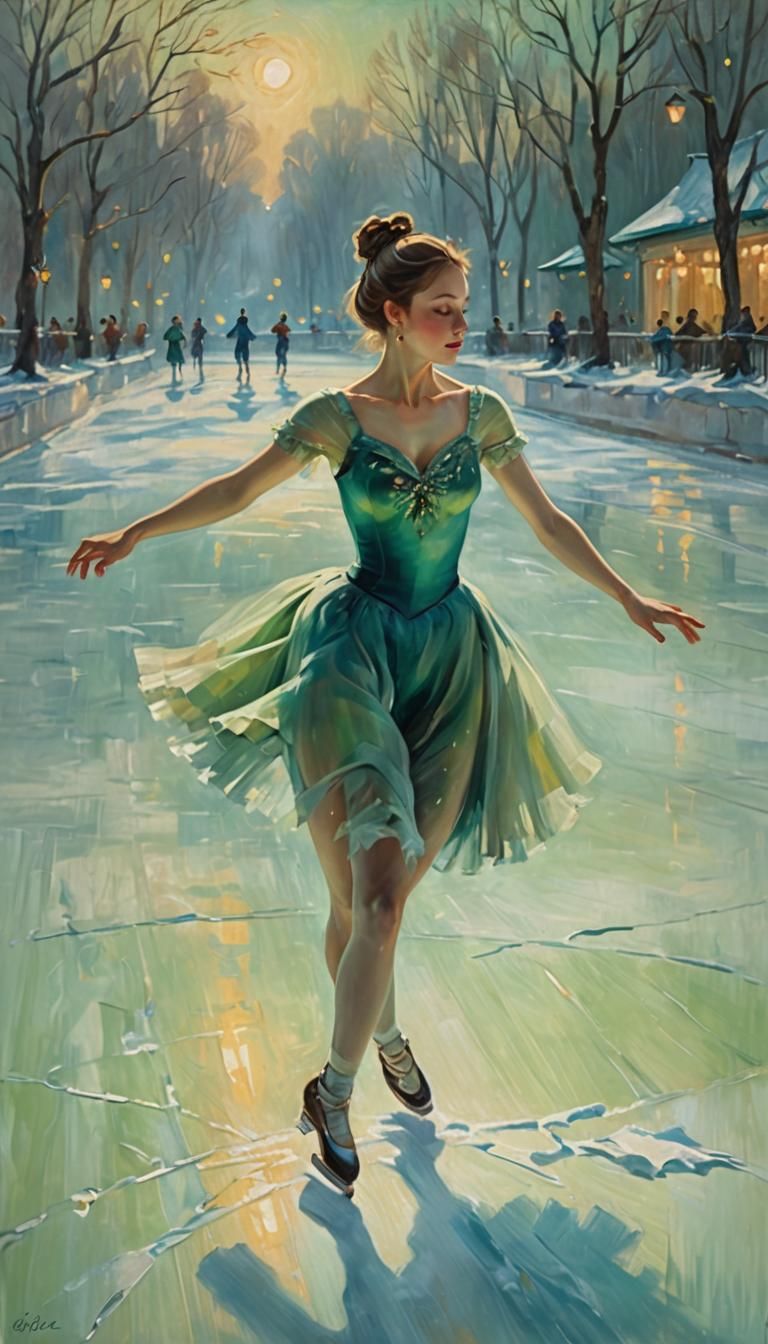 Ethereal Ballerina Figure Skating: Oil Painting in Degas Sty...