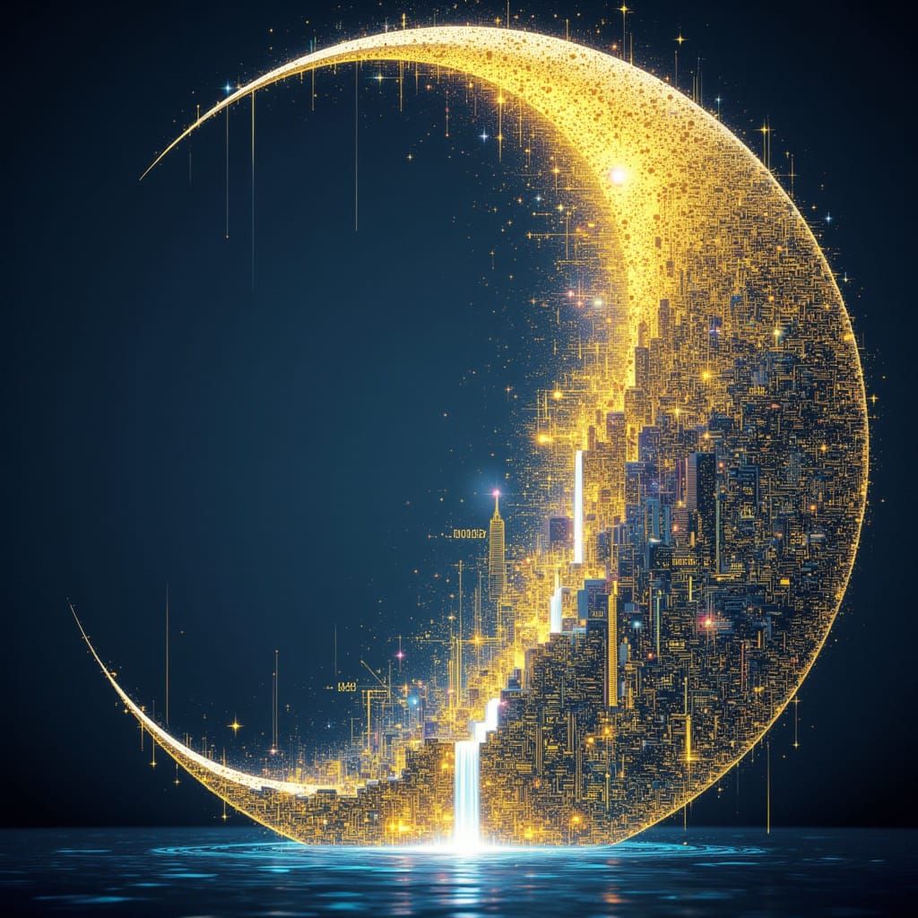 Ethereal Moonlit Metropolis in Vibrant Golds and Blues