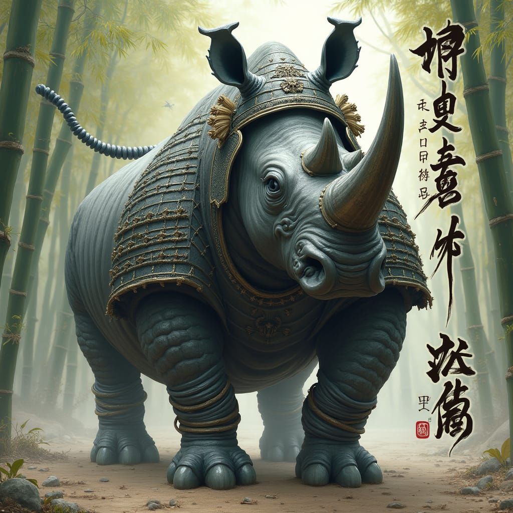 Cyberpunk Samurai Rhinoceros in Ancient Forest