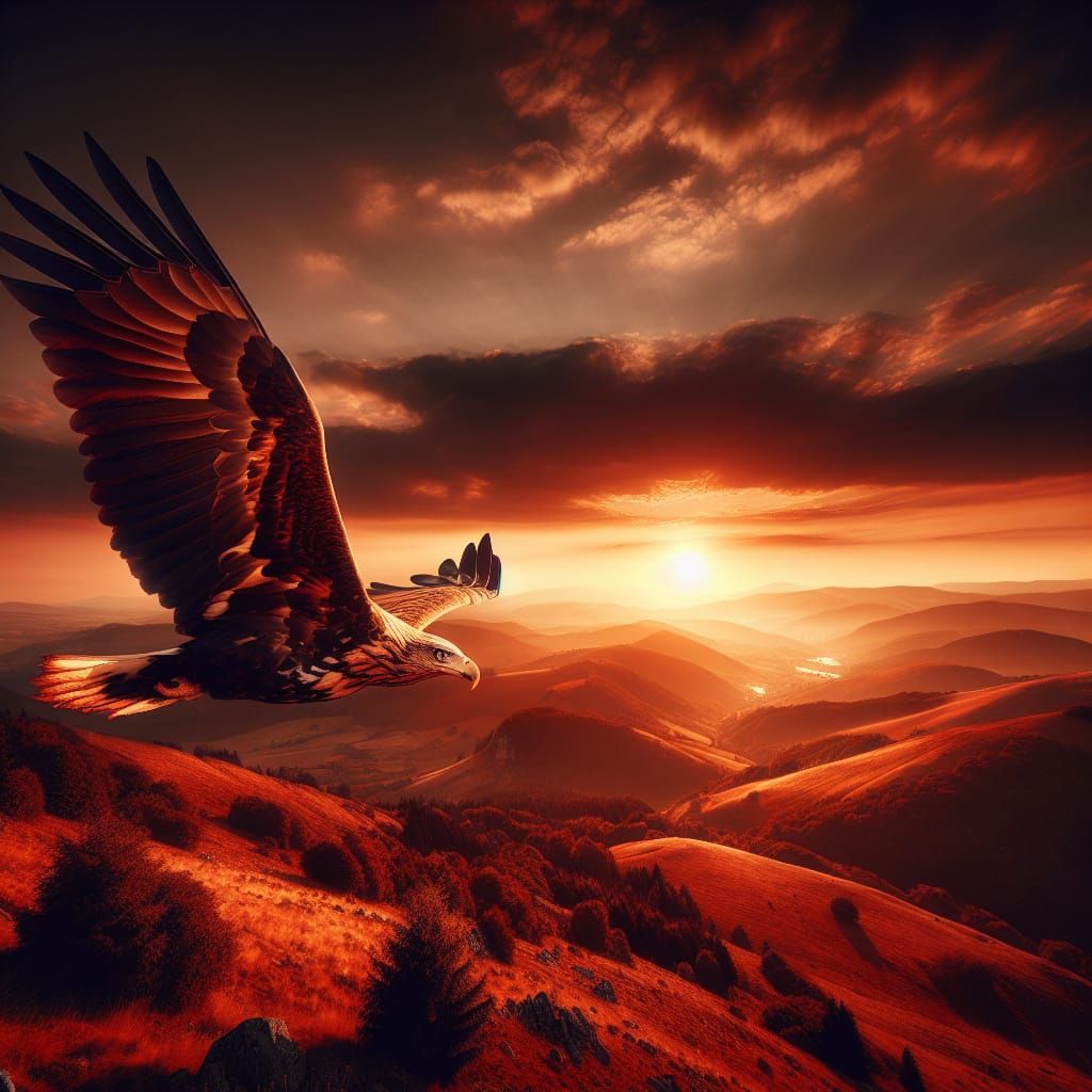 Eagle in Sunset Flight, Hyperrealistic Portrait