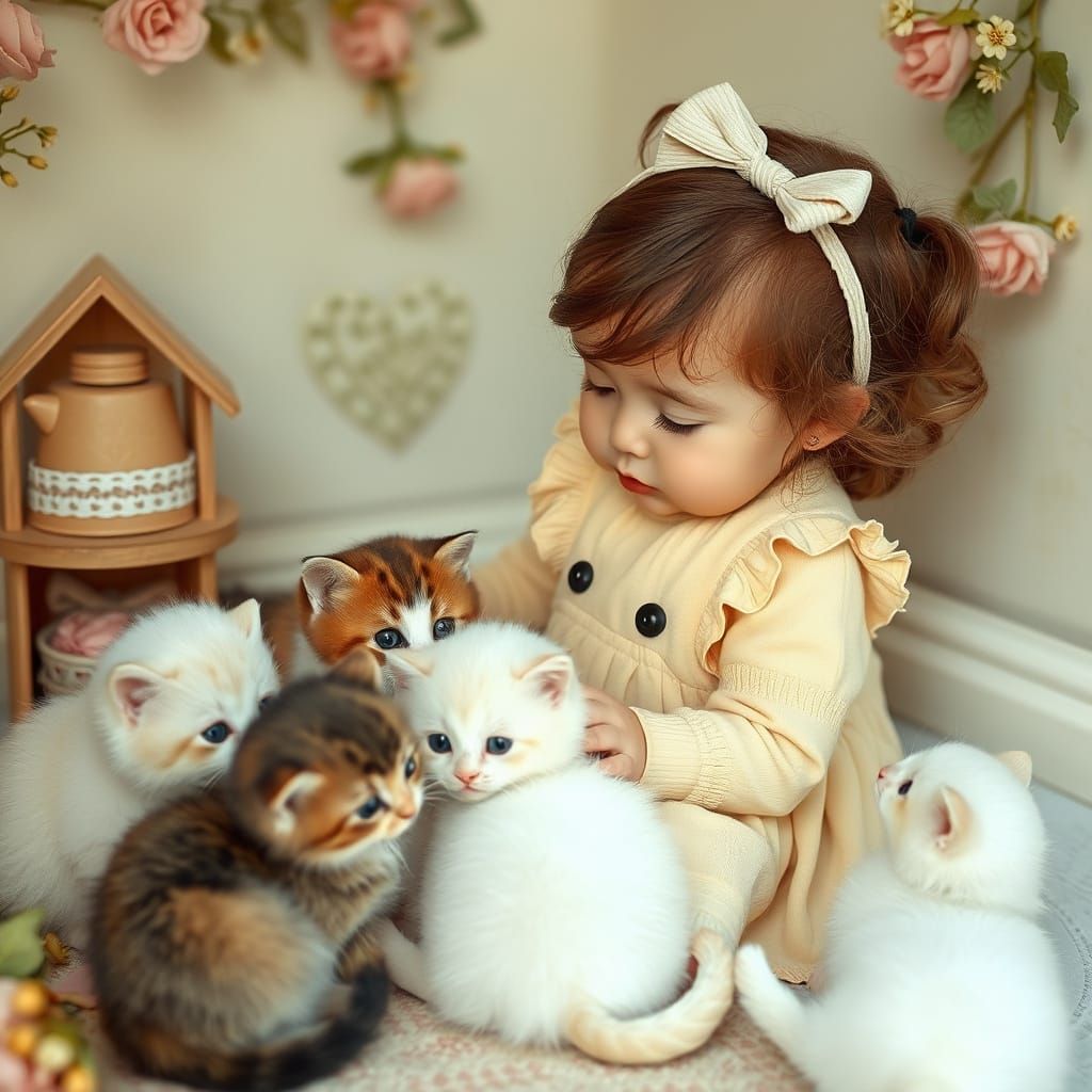 Adorable Child and Kittens in Dreamy Pastel Scene