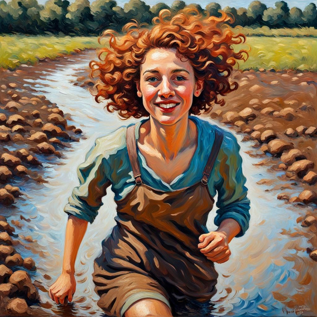Joyful Woman Hopping Through Mud in Expressionist Impasto St...