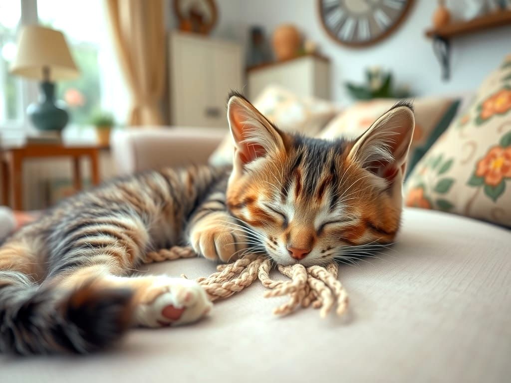 Adorable Kitten Sleeping Peacefully in Vintage Living Room
