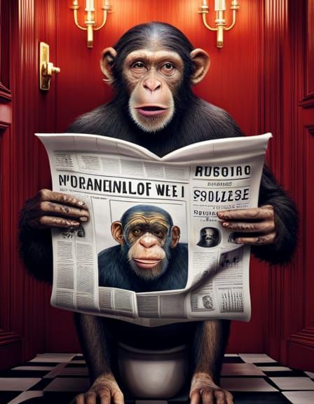 Hyperrealistic Chimp Reads Newspaper in Bathroom