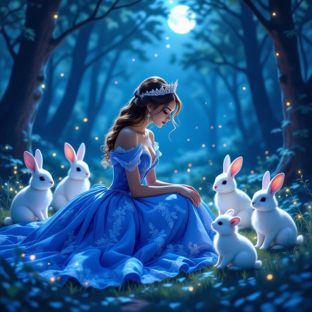 Moonlit Princess with Glowing Forest Creatures