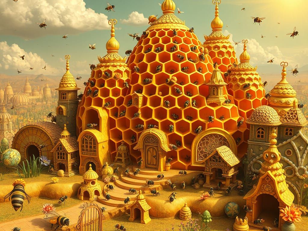 Whimsical Honeycomb Metropolis in Golden Light