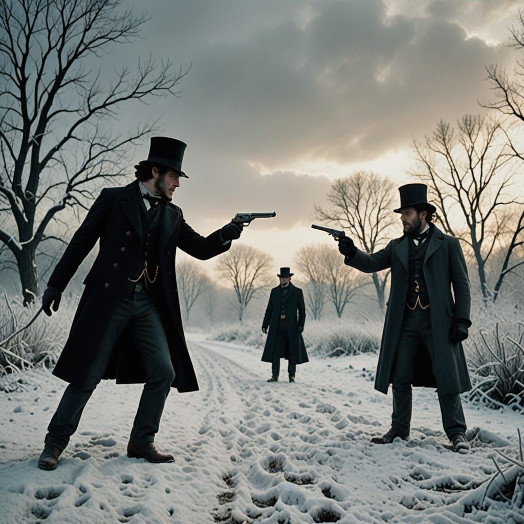 Men Engage in Frosty Winter Duel in Victorian-Style