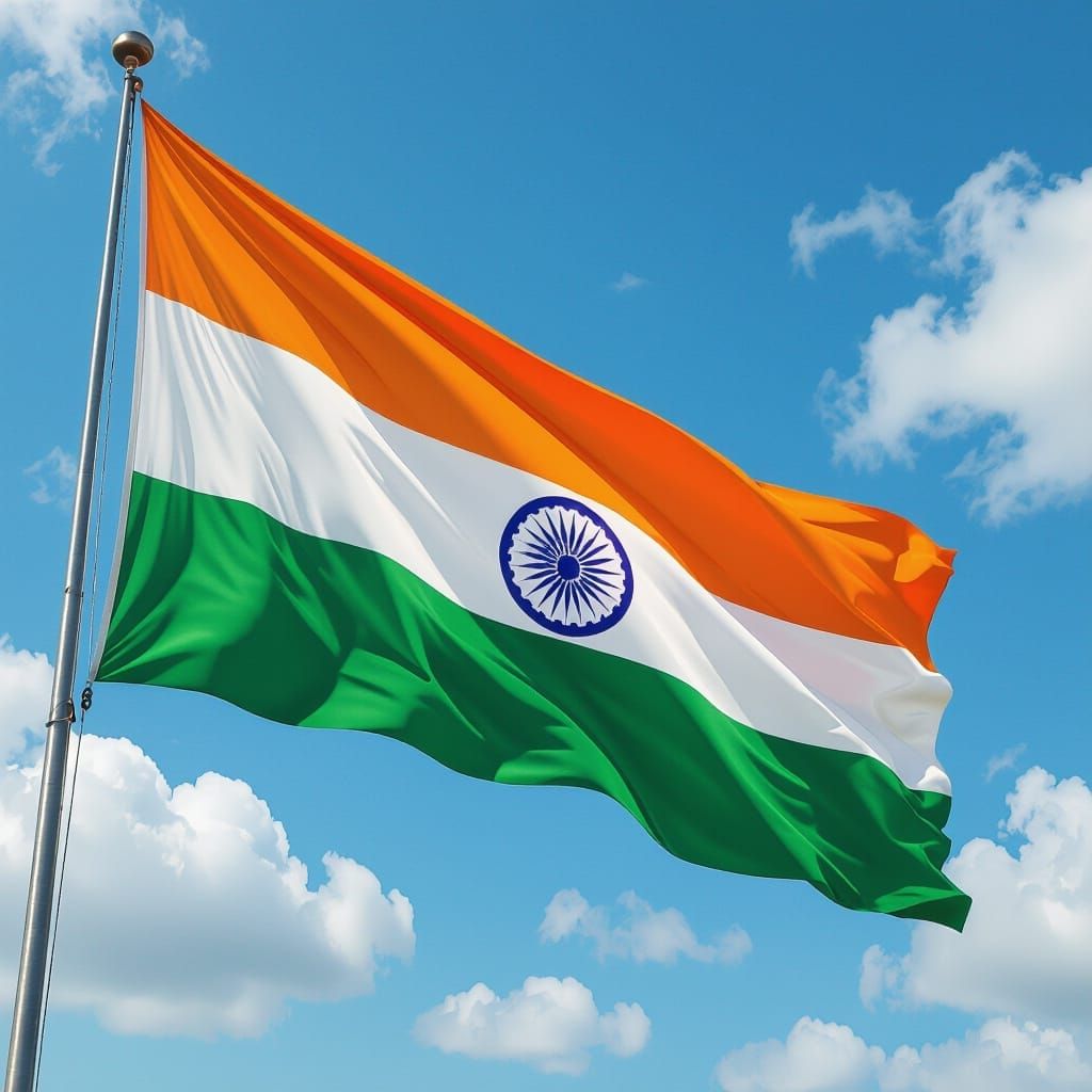 Indian Flag Swirling Against Blue Sky