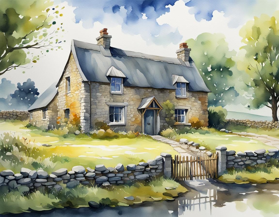 Irish Cottage in Watercolor Landscape