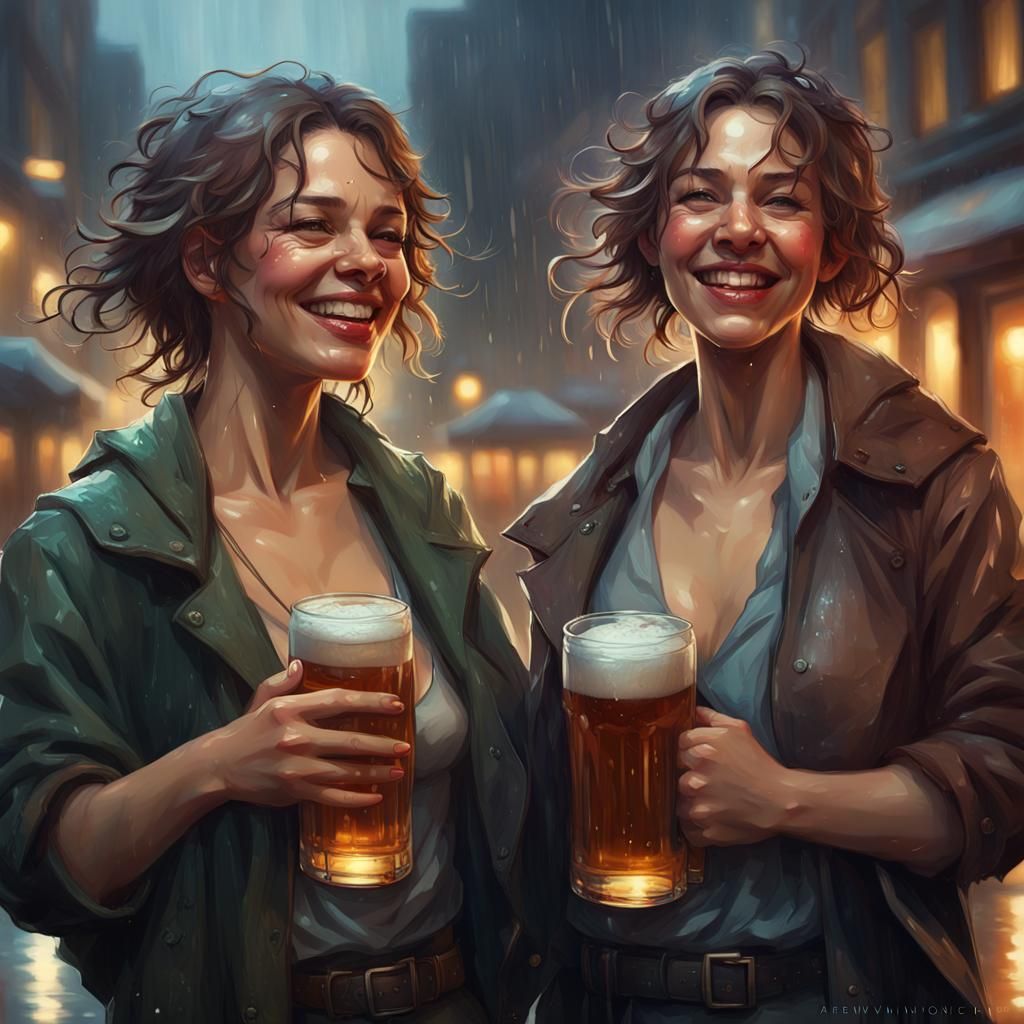 Women Enjoying Rainy City Night as Digital Art